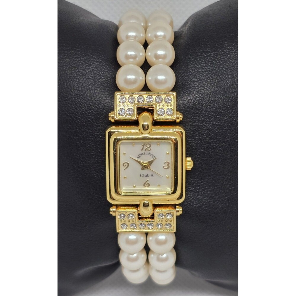 Women's Adrienne Club A Fancy Gold Tone Rhinestone Pearl Bracelet Band Watch 10 - Picture 5 of 9